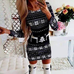 Christmas Mixed Print Long Sleeve Bodycon Dress